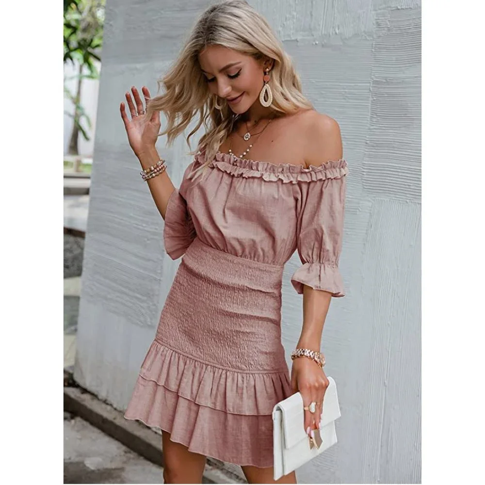 Blush Pink Ruffle Smocked Off Shoulder Lantern Sleeve Bodycon Mini Dress Sundres - Picture 3 of 7